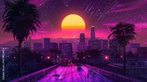 Retrowave. Sunset with palm trees. City in neon lights. Car. Car speed on the road in the night city. Retro wave neon lights noir tinting colors. Futuristic background	
