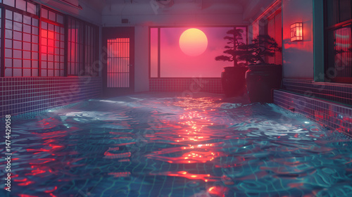 Retrowave. Sunset with palm trees. City in neon lights. Car. Car speed on the road in the night city. Retro wave neon lights noir tinting colors. Futuristic background	
