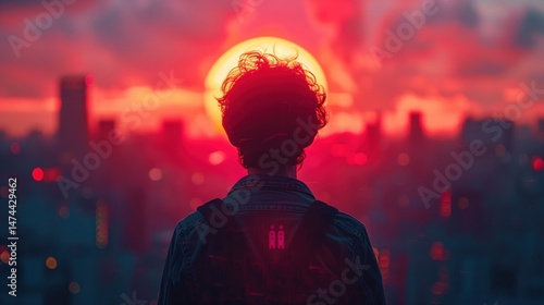 Retrowave. Sunset with palm trees. City in neon lights. Car. Car speed on the road in the night city. Retro wave neon lights noir tinting colors. Futuristic background	
