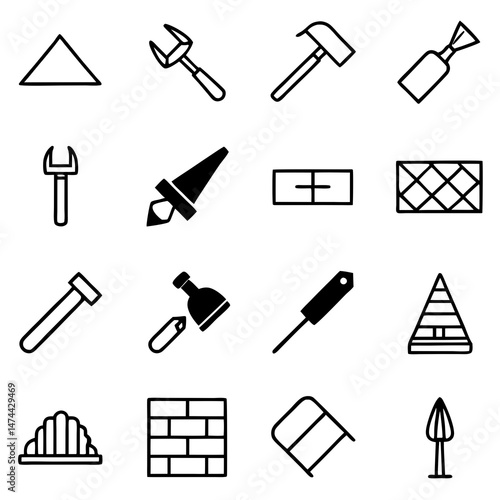 Set of outlined construction and carpentry tools icons