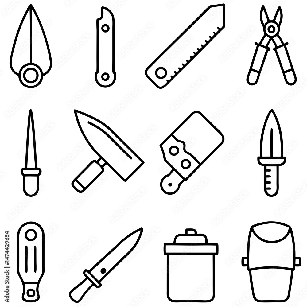 Collection of various cutting tools vector line drawing Collection of various cutting tools vector line drawing