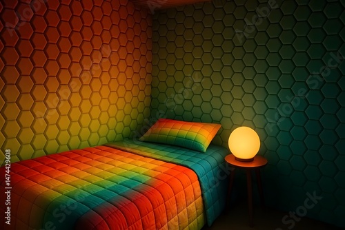 Colorful bedroom interior with geometric honeycomb walls featuring a rainbow bedding set and glowing round lamp for artistic home decor.