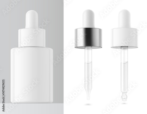 Open dropper bottle with pipette mockup. Vector illustration isolated on white and grey background. Front view. Сan be used for cosmetic, medical and other needs. EPS10.