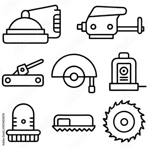 Outline icon set depicting woodworking tools on white background