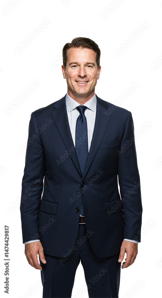 Studio portrait of a smiling middle-aged Caucasian businessman in a navy blue suit and tie against a transparent background Studio portrait of a smiling middle-aged Caucasian businessman in a navy blue suit and tie against a transparent background