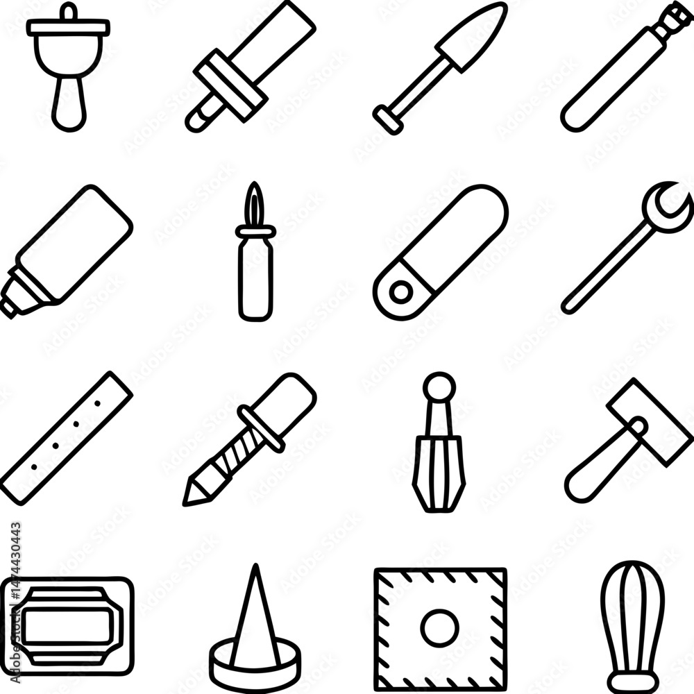 Black outline icons set on white background various tools Black outline icons set on white background various tools