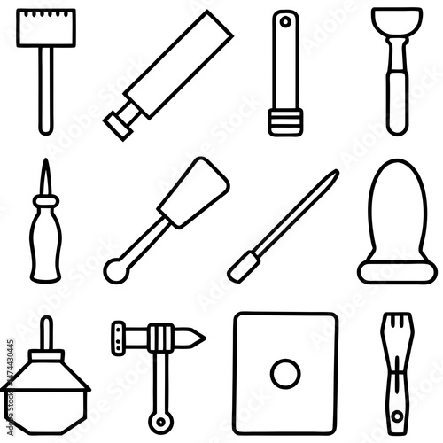 Line art illustration of leather crafting tools and equipment