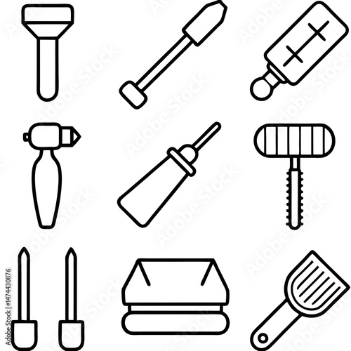 Line art depiction of various gardening and planting tools