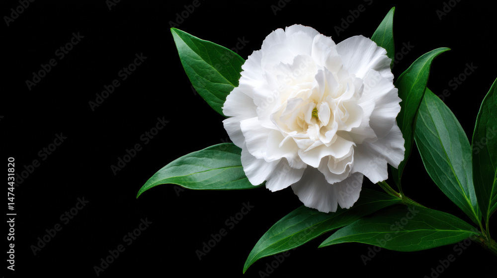 Fototapeta premium A captivating close up showcases a pristine white peony blossom with lush green leaves, dramatically contrasted against a sleek and elegant black backdrop, creating calm.