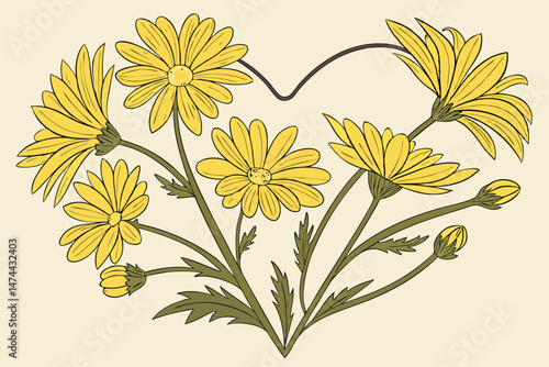 51 a heart-shaped arrangement of vibrant yellow daisy flowers, photorealistic, in a studio setting, high definition, sharp focus, intricate details, warm lighting, natural beauty, floral arrangement, 
