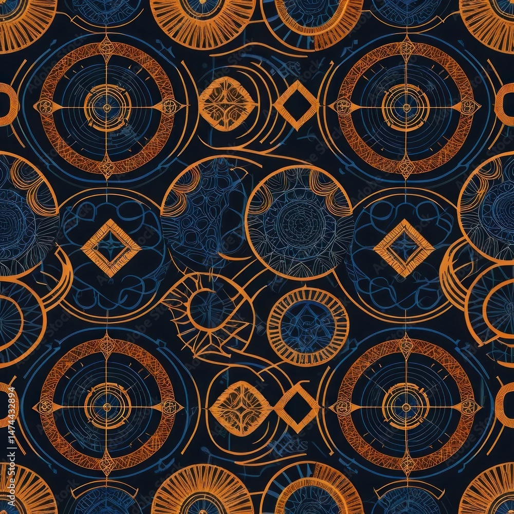 Obraz premium Futuristic interpretation of batik pattern using precise geometric lines and circuit-like ethnic symbols
