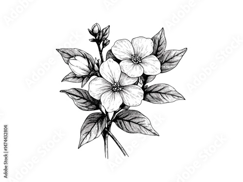 Vintage hand-drawn jasmine flower engraving, retro botanical design, antique ink sketch, trendy floral decor, engraved bloom print, garden fragrance theme, old engraving style art