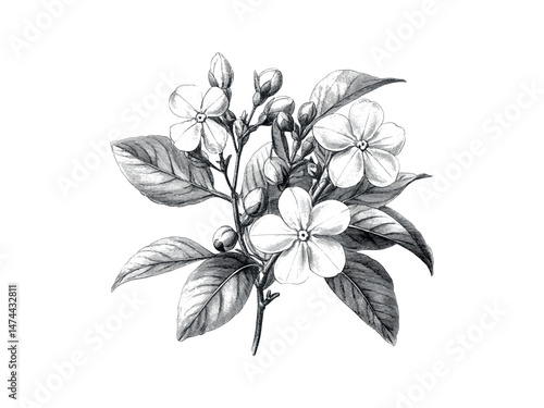 Hand-drawn engraving of small jasmine flower, vintage botanical illustration, retro floral decor, antique ink sketch, trendy engraved bloom, garden fragrance, old engraving style, rustic design