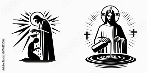 The Jesus Anointing with Oil. Christian Clipart silhouette Vector Logo Symbol isolated on white background. Divine chrism ritual holy unction grace from above consecration practice.