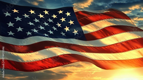 A majestic american flag waving proudly in the sunset sky.