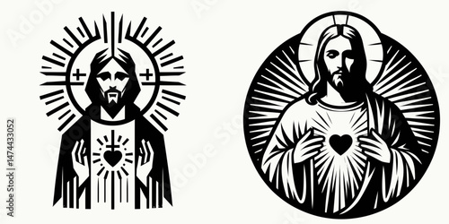 The Jesus with Sacred Heart. Christian Clipart silhouette Vector Logo Symbol isolated on white background. Divine redeemer image iconic devotion representation cherished love emblem.
