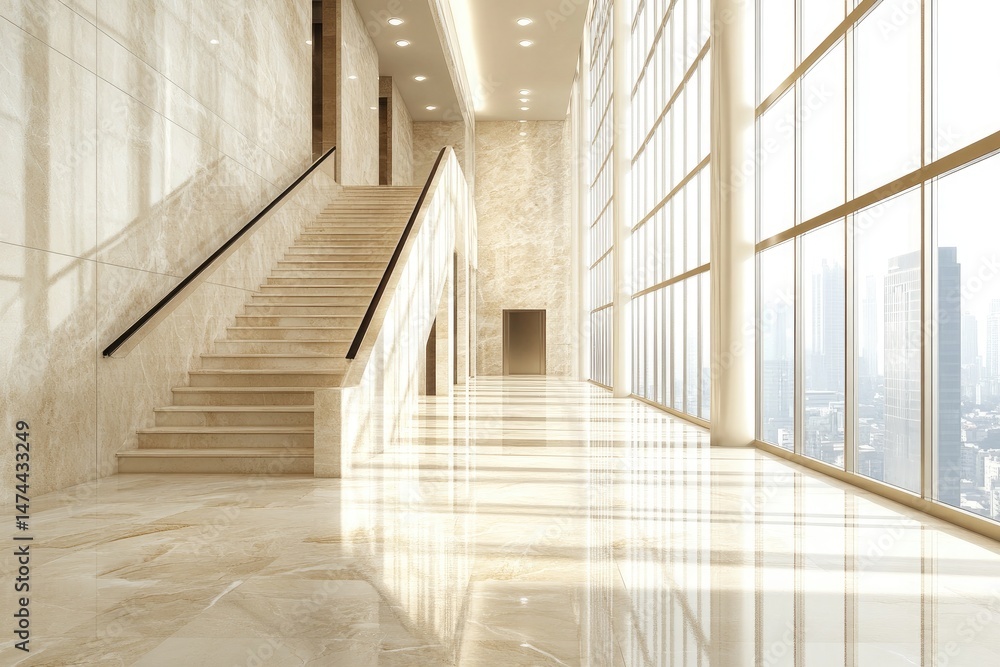 Obraz premium Marble Interior View Staircase, Hallway with Window, Cityscape, Architecture