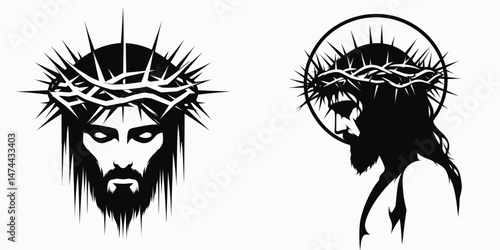The Jesus with Crown of Thorns. Christian Clipart silhouette Vector Logo Symbol isolated on white background. Depiction christ adorned in thorny chaplet suffering agony religious icon.