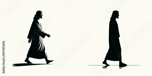 The Jesus Walking Alone. Christian Clipart silhouette Vector Logo Symbol isolated on white background. christ figure trekking solitary a divine journey contemplation of faith belief.
