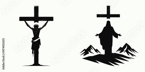 The Jesus Under Cross. Christian Clipart silhouette Vector Logo Symbol isolated on white background. Christs suffering divine salvations burden mercy faith and hope near calvary.