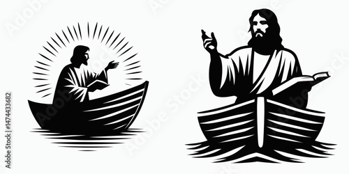 The Jesus Teaching from Boat. Christian Clipart silhouette Vector Logo Symbol isolated on white background. Instruction via vessel exploring divine lessons imparted water.