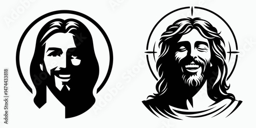 The Jesus Smiling. Christian Clipart silhouette Vector Logo Symbol isolated on white background. Deitys joyful countenance a beacon of divine gladness cheer and comfort.