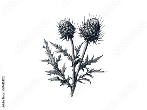 Hand-drawn vintage botanical sketch, thistle flower engraving, antique decor, floral art, nature style, old engraving, black sketch, trendy flower print, bloom, thistle flora, classic art.