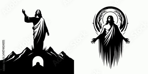 The Jesus Resurrected. Christian Clipart silhouette Vector Logo Symbol isolated on white background. Divinity reborn eternal spiritual awakening triumph after mortality.