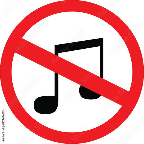 no music sign with red prohibition symbol, black musical note crossed out, restricted music area, sound ban notice