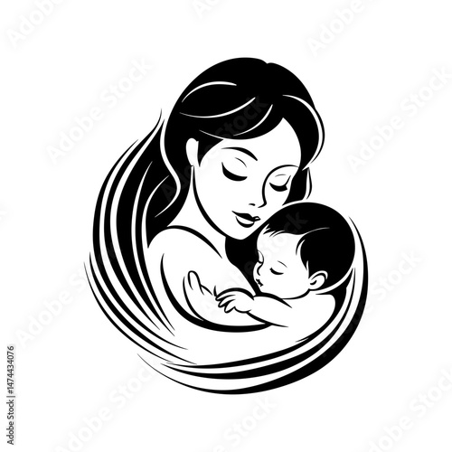 Cherishing Newborn Bliss: A touching black and white illustration captures a mother's tender embrace of her peaceful infant, representing maternal love and family bonds.