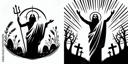 The Jesus Resurrected. Christian Clipart silhouette Vector Logo Symbol isolated on white background. Divine ascension christs renewal and triumph over mortality a belief.