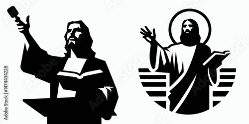 The Jesus Preaching. Christian Clipart silhouette Vector Logo Symbol isolated on white background. Divinity speaking doctrines sermon gospel wisdom from teacher.