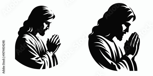 The Jesus Praying. Christian Clipart silhouette Vector Logo Symbol isolated on white background. Savior in devotion seeking divine guidance an act of worship and faith.