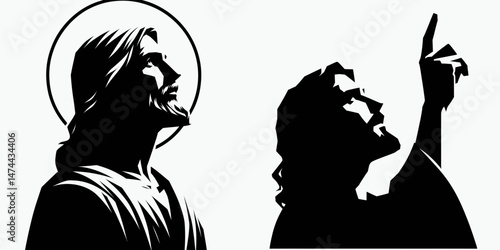 The Jesus Looking to Heaven. Christian Clipart silhouette Vector Logo Symbol isolated on white background. Divine figure gazing skyward an ethereal ascent religious faith inspiration.