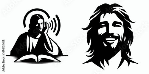The Jesus Listening. Christian Clipart silhouette Vector Logo Symbol isolated on white background. Devout attentiveness sacred audio experience aural guidance divine counsel.