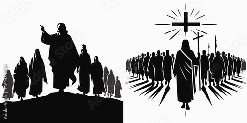 The Jesus Leading a Crowd. Christian Clipart silhouette Vector Logo Symbol isolated on white background. Christ at front guiding gathering hope and devotion among followers.