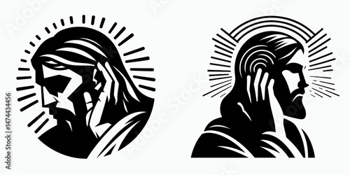 The Jesus Listening. Christian Clipart silhouette Vector Logo Symbol isolated on white background. Divine guidance hearing christs concept a pathway toward spiritual receptivity.