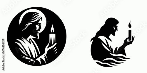 The Jesus Lighting a Candle. Christian Clipart silhouette Vector Logo Symbol isolated on white background. savior illuminating flame divine hope offering bright faith devotion.