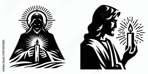 The Jesus Lighting a Candle. Christian Clipart silhouette Vector Logo Symbol isolated on white background. Divine illumination christ kindling flame hopes emblem spiritual beacon.