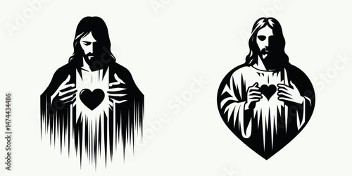 The Jesus Knocking on Heart. Christian Clipart silhouette Vector Logo Symbol isolated white background. Sacred figure at portal soul seeks divine contact mercy devotion love.