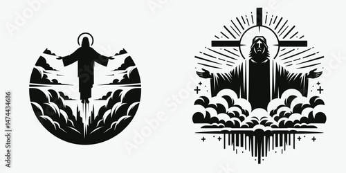 The Jesus in Clouds. Christian Clipart silhouette Vector Logo Symbol isolated on white background. Divine figure imagery celestial heaven theological concept revelation.
