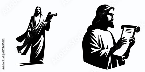 The Jesus Holding Scroll. Christian Clipart silhouette Vector Logo Symbol isolated on white background. Savior scripture parchment a christianity faith depiction with rolled document.