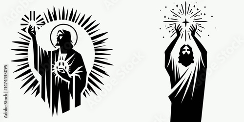 The Jesus Holding Light. Christian Clipart silhouette Vector Logo Symbol isolated on white background. Divine illumination christ embracing radiance a beacon of faith hope.