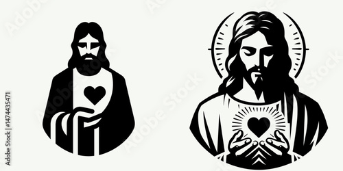 The Jesus Holding a Heart. Christian Clipart silhouette Vector Logo Symbol isolated on white background. savior embracing affection sacred devotion divine love human compassion.