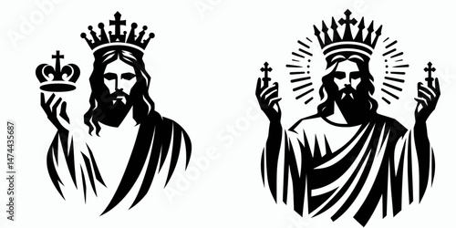 The Jesus Holding a Crown. Christian Clipart silhouette Vector Logo Symbol isolated on white background. Deity emblem christ clutching regalia sovereignty metaphor celestial power.