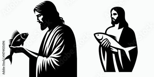 The Jesus Holding a Fish. Christian Clipart silhouette Vector Logo Symbol isolated on white background. Savior catching marine creature divine figure christianity faith emblem.