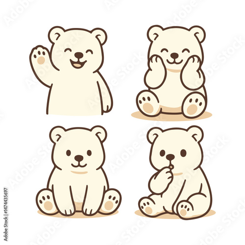 A set of four adorable cartoon polar bear illustrations in different cute poses and expressions.