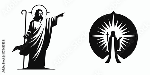 The Jesus Guiding with Light. Christian Clipart silhouette Vector Logo Symbol isolated on white background. Divine savior illuminating route beacon for faith pathway hope divinity.