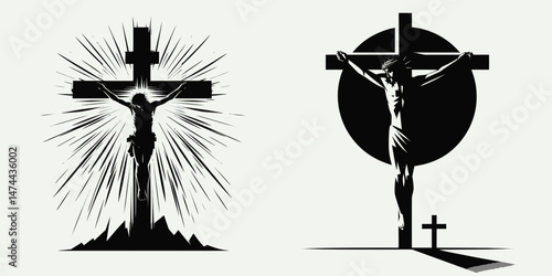 The Jesus Crucified. Christian Clipart silhouette Vector Logo Symbol isolated on white background. Christs agony redemptions supreme victim an icon of faith divine devotion plus.