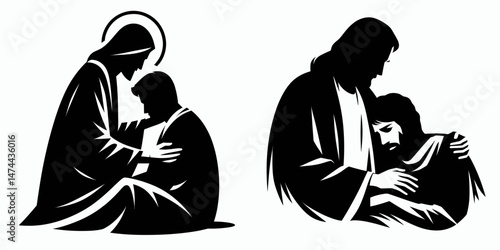 The Jesus Comforting Sick. Christian Clipart silhouette Vector Logo Symbol isolated on white background. Divine healer showing compassion toward ailment sufferer giving hope.